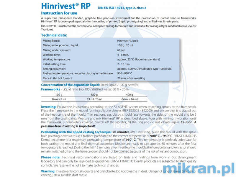 Hinrivest RP (50x400g) zatmelovací hmota + tekutina na hmotu 1L.Akce